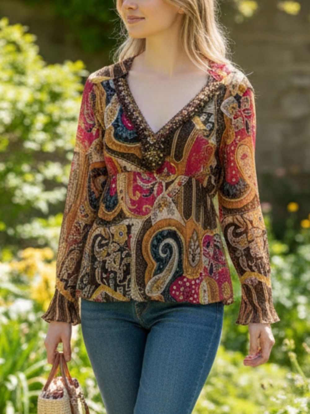 Y2K Paisley V-Neck Long-Sleeve Blouse in Multicolor